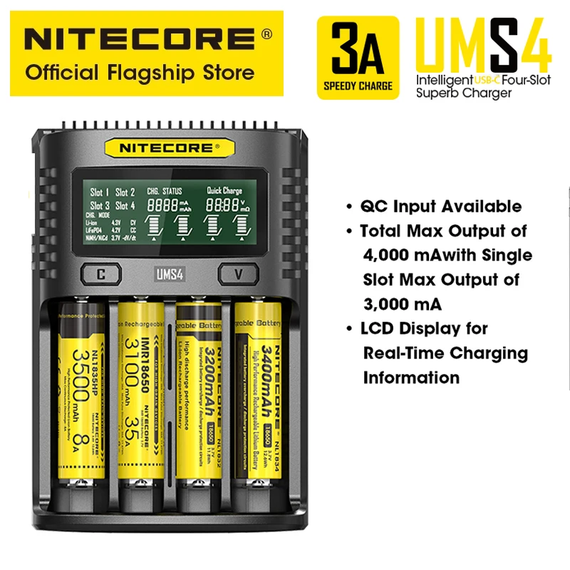 NITECORE UMS4 USB-C Intelligent Battery Charger 4A QC Fast Charging Four Slots Superb Charger For 21700 18650 14500 26650 AA AAA