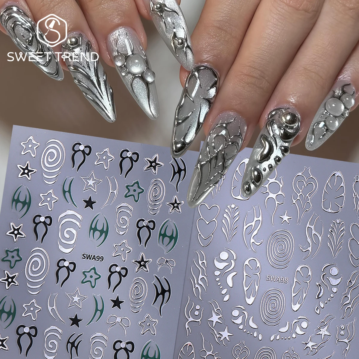 2pcs Metal Silver Y2K Nail Stickers Heart Spiral Flame Design Adhesive Decals Halloween Bow Monster Teeth Vortex Manicure Decor