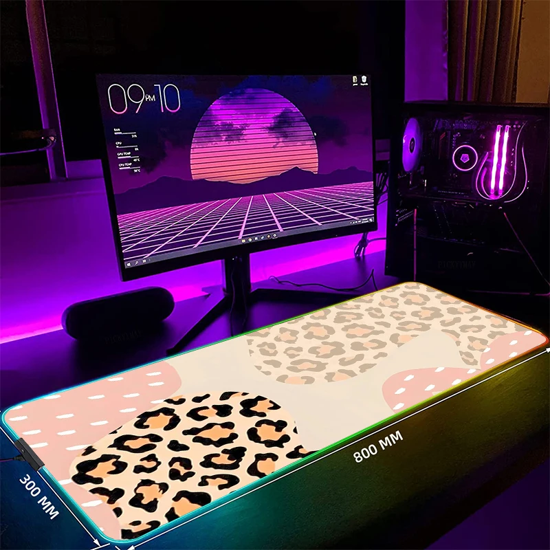 Leopard Print Backlight Gaming Mousepad Desk Rug RGB Gamer Mousepads Mouse Pad LED Non-Slip Rubber Mouse Mats Keyboard Mat