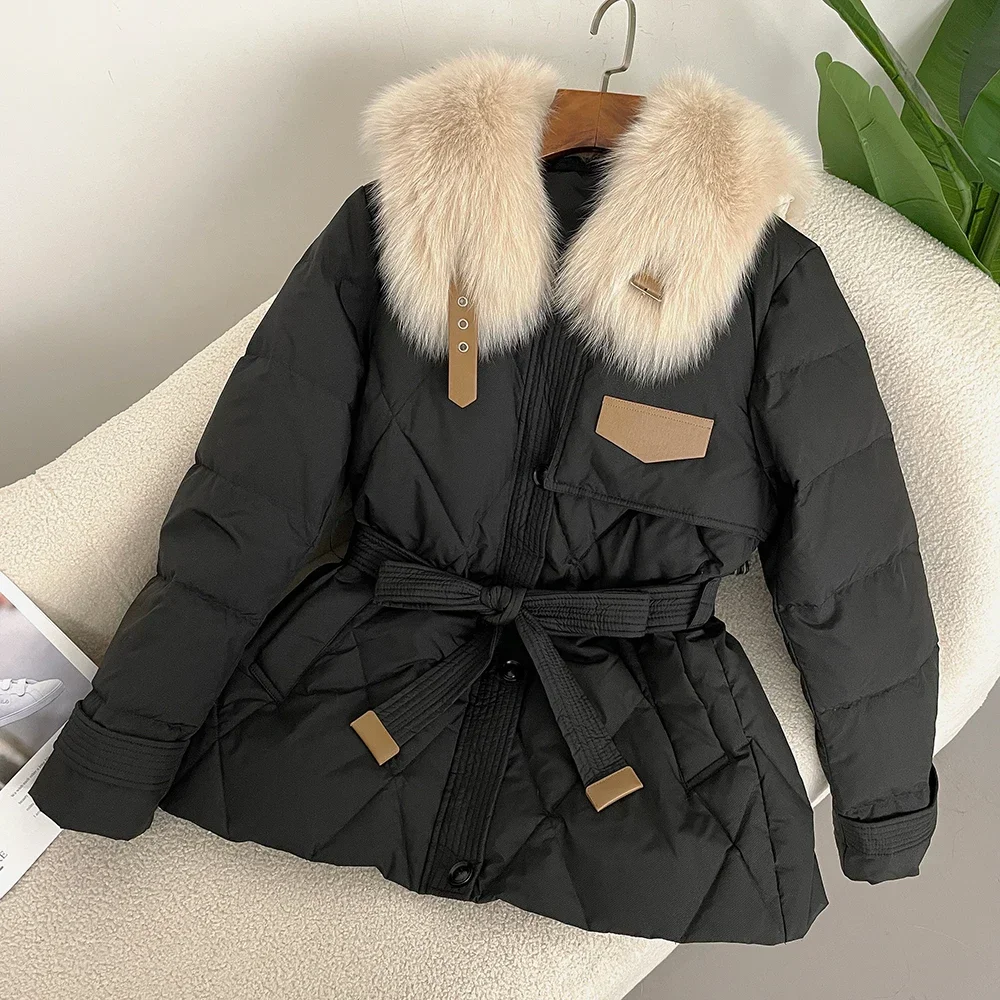 2024 Down Jacket Women Autumn Winter Real Fur Coat Lace-up with Fox Fur Collar Thickened Warm White Duck Down Jacket Real Fur