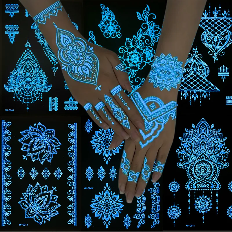 Glow In The Dark Temporary Tattoo Stickers Blue Luminous Henna Tattoo Decal for Girls Women Flower Sexy Lace Fake Art Sticker