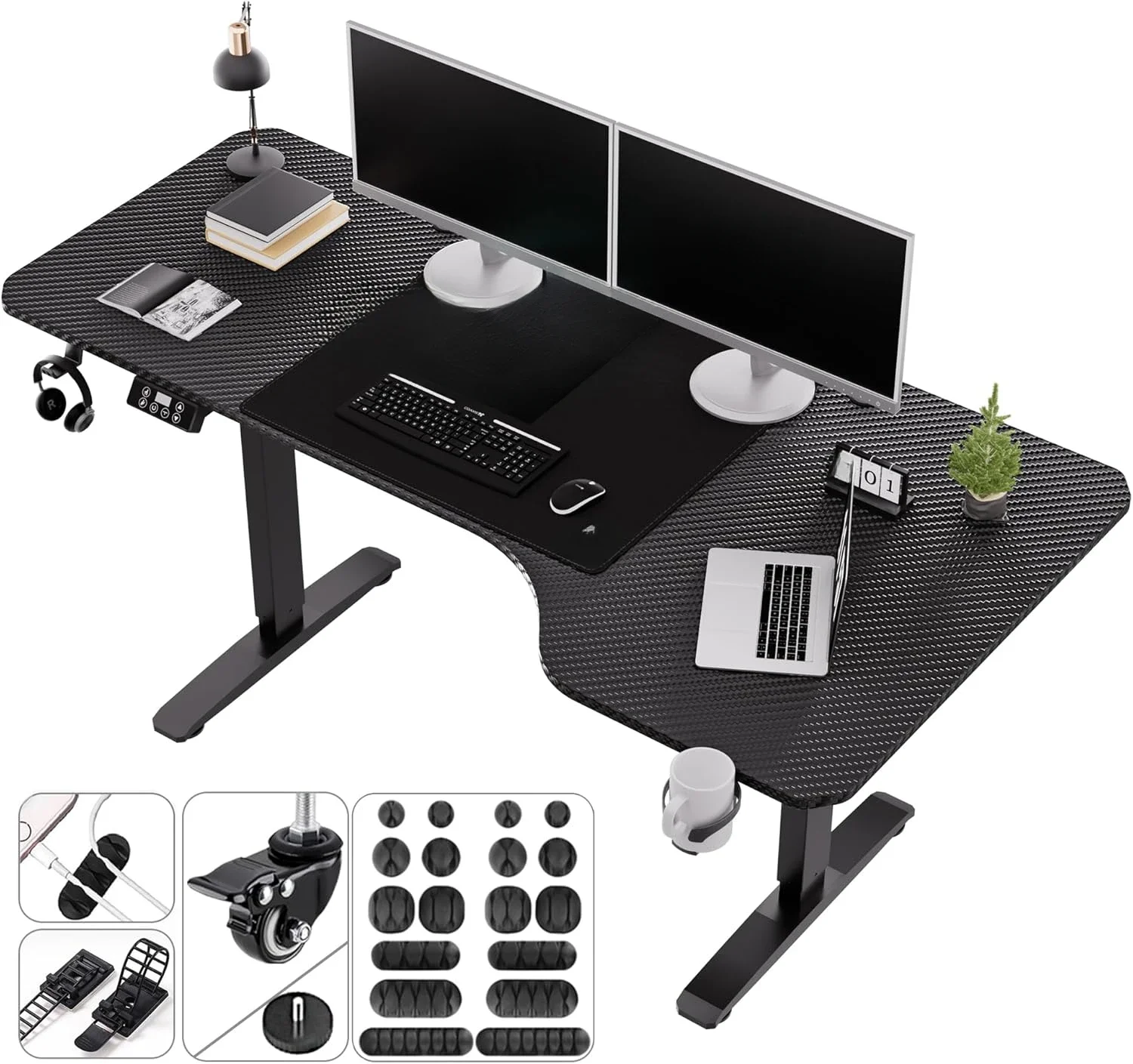 Standing Adjustable Desk, 63 inches L Shaped Electric Standing Gaming Desk with Locking Wheels, Cup Holder, Headphone Hook