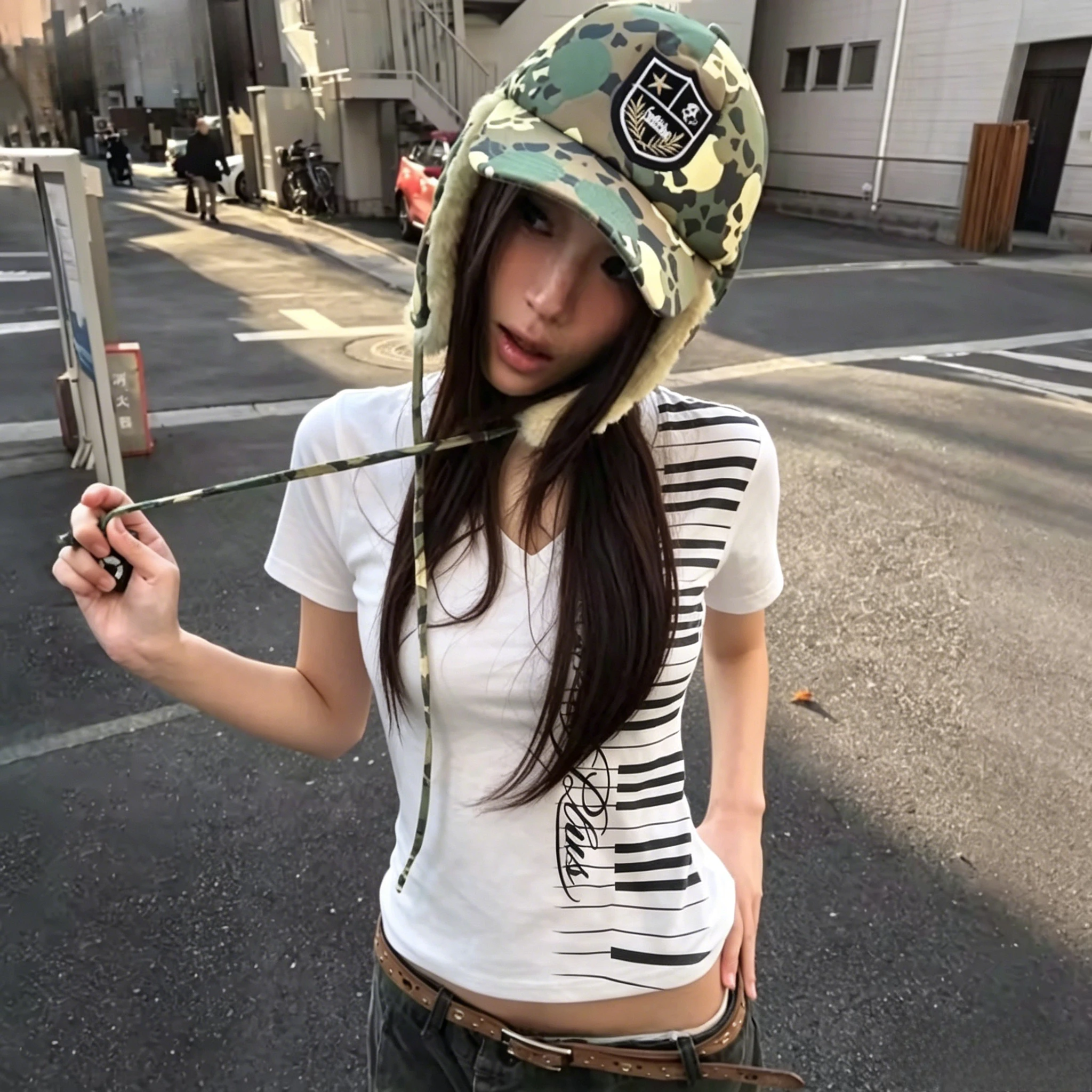 Piano Key Print Subcultre Japanese Vintage Y2k T-shirt Tops Short Sleeve Harajuku V-neck Tee American Retro Female New Clothing
