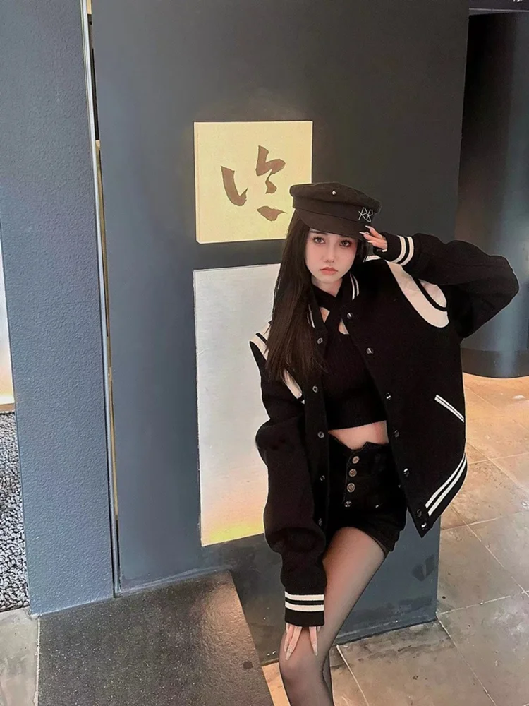 Amerykańska kurtka bejsbolówka w stylu retro z naszywkami ze skóry i wełny, damska, jesienno-zimowa, unikalny projekt dla par, płaszcz ort.