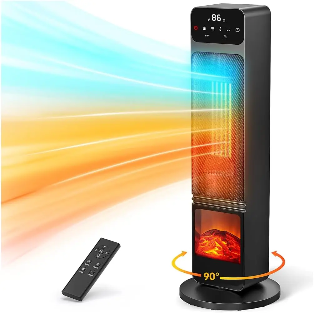 타워 히터 및 팬 콤보, 1500W PTC 전기 벽난로(3D 불꽃 포함), 90 °   진동, 리모컨, 타이머, 어린이 보호 기능, 에코 모드
