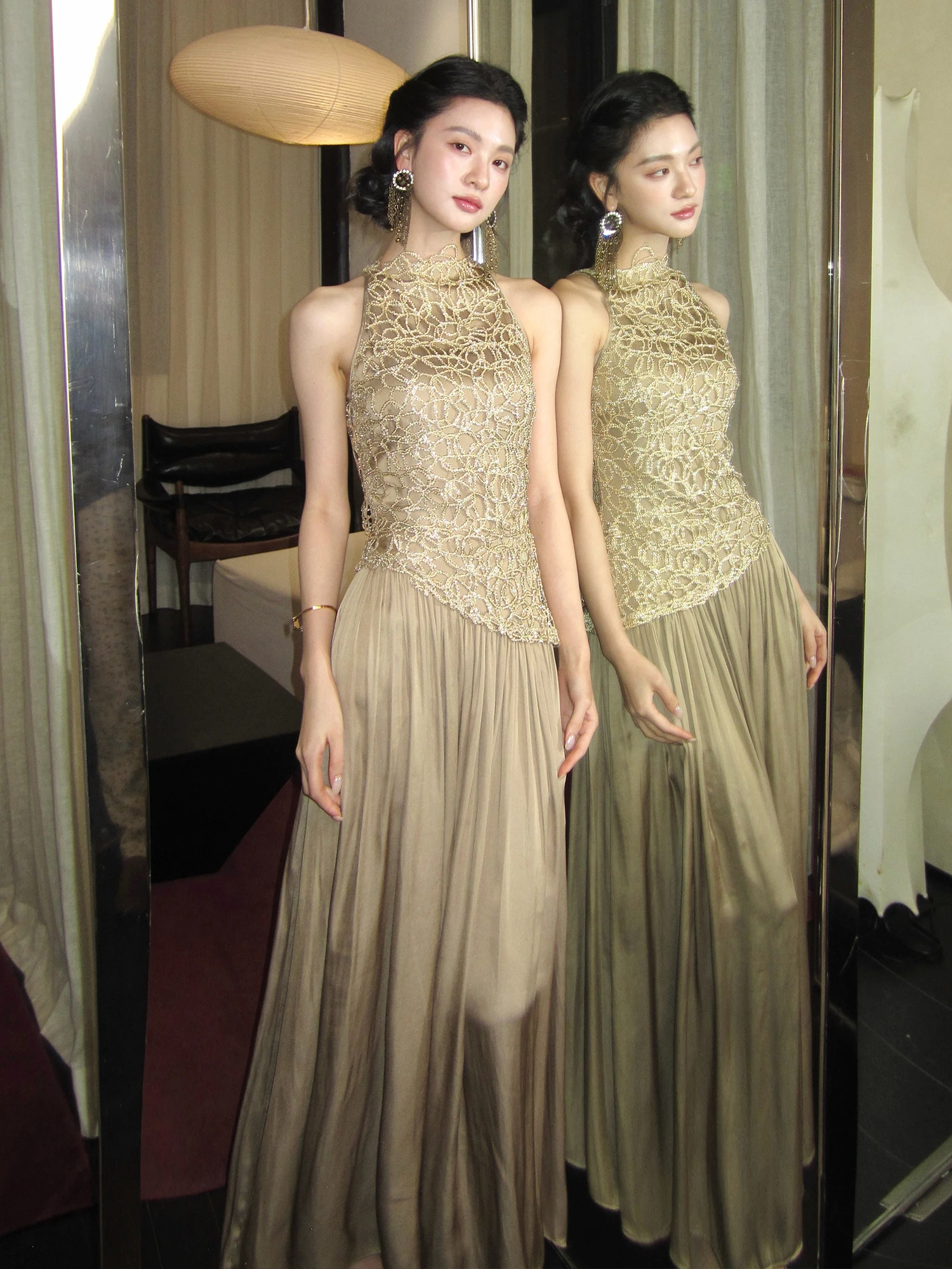 

Exquisite Luxury Sensation Jacquard Gold Fabric Patchwork Silk Satin Svel Dr Ele Evening Long Dr