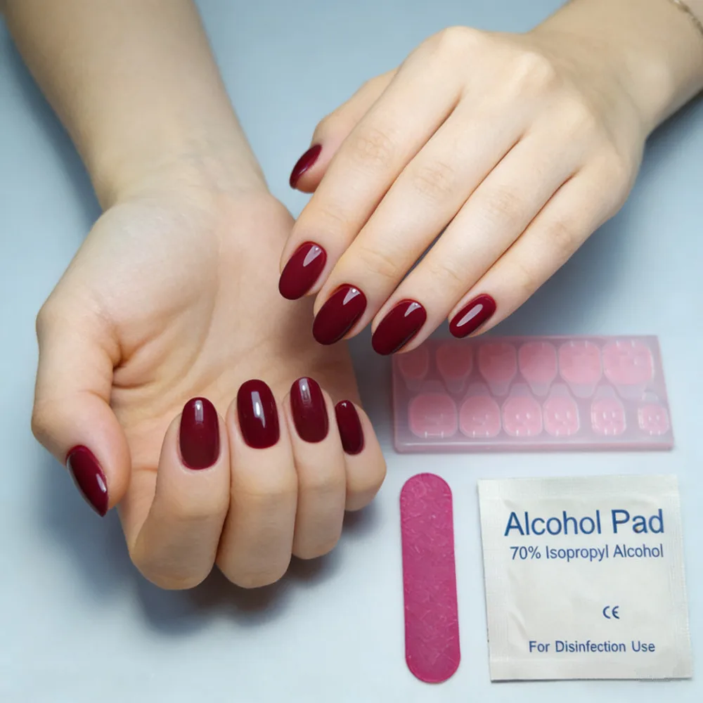 

Burgundy Oval Press On Nails Glossy Red Fake Nails Full Cover Reusable False Nails With Tools Kit For Women Daily Wear