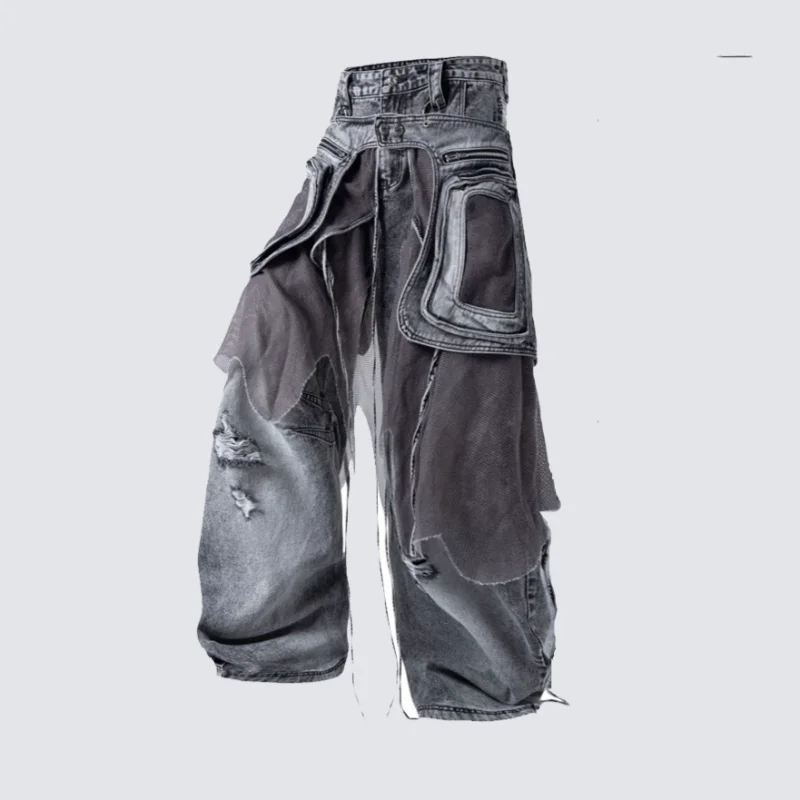 MWJLPWQ Detachable Faux Two-Piece Workwear Scythe Jeans American Street Distressed Mesh Raw Edges Deconstructed Trousers 20002
