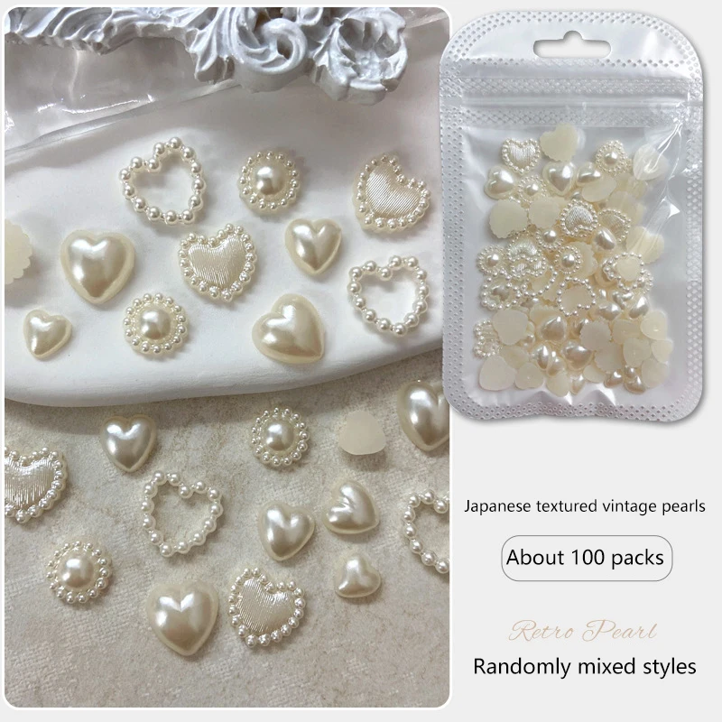 100 Pcs/bag Mixed Pearl Nail Rhinestones Multi-Shape 3D Half Round Pearl Heart Nail Jewelry DIY Handmade Accessories