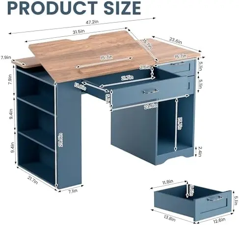 Drafting Table with Storage Cabinet & Drawers, Adjustable Drawing Desk with Open Shelves, Craft Table Painting Desk for