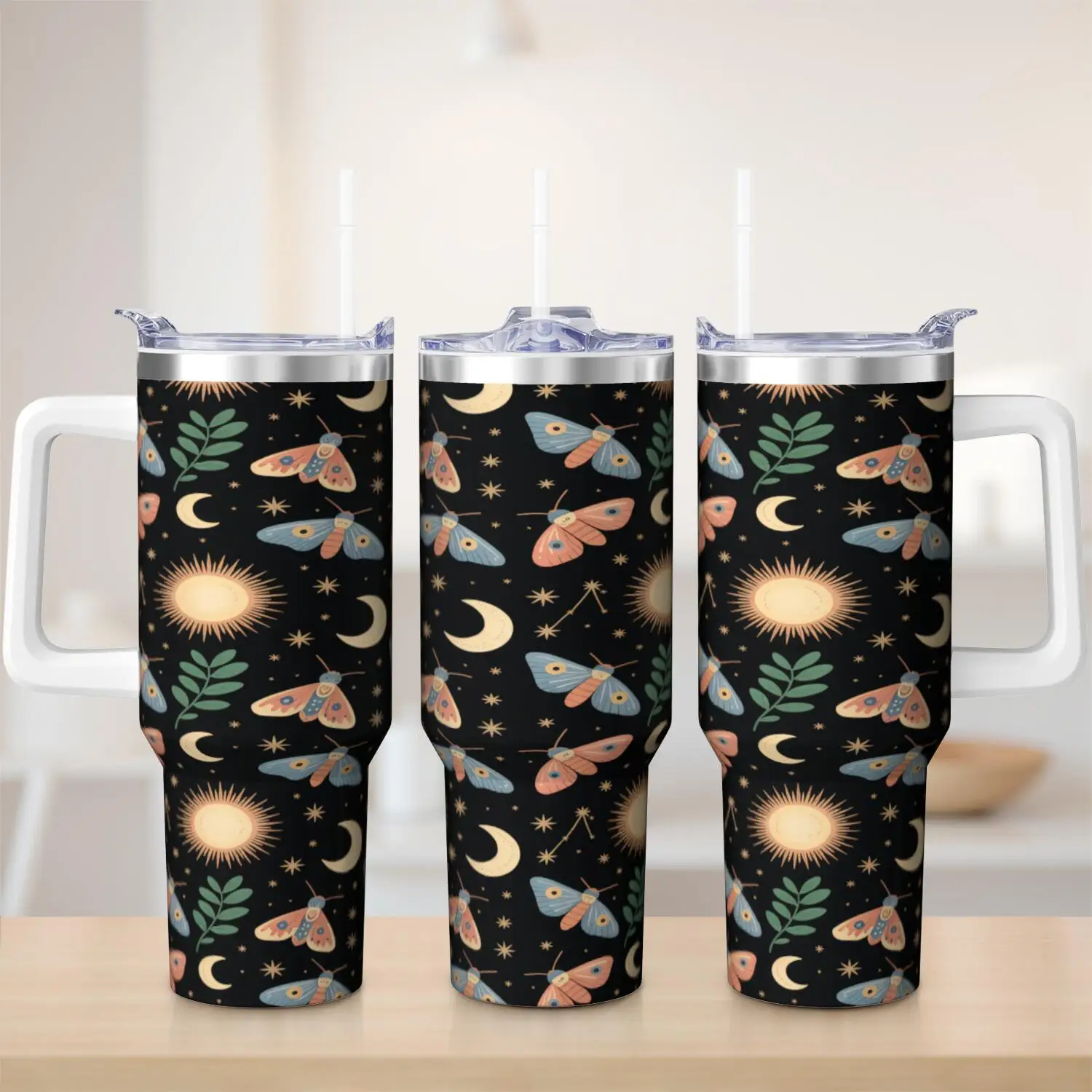 1ps Butterfly Handle Cup Set with Straw, Maximum Capacity 40oz, Inner Layer 304 Stainless Steel, Outer Layer 201 Stainless Steel, Seamless Inner Liner, Lid Made of PC Material, Suitable for Home, Office, Outdoor, Sports, and Car Use