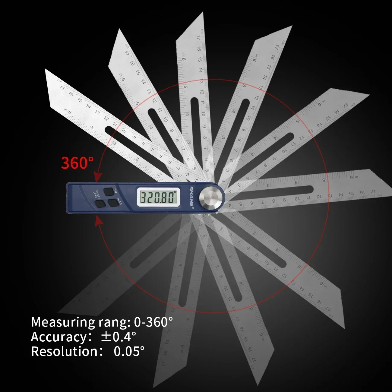 SHAHE Medidor e transferidor de chanfro em T de 0-360 graus 2 em 1 Localizador de ângulo digital Lâmina de aço inoxidável com display LCD completo