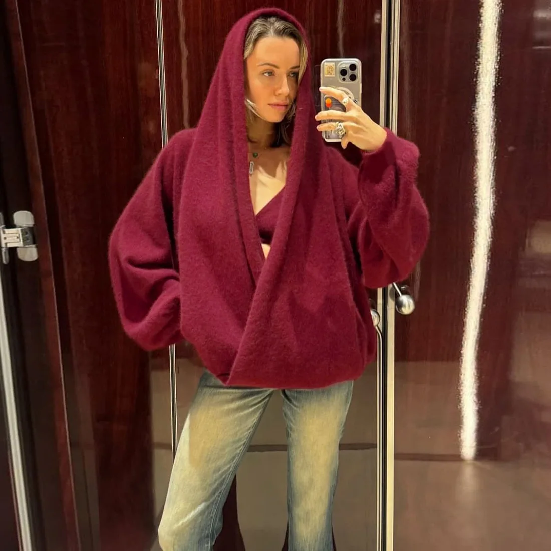 

Sexy Cross Deep V-neck Hooded Sweater Women 2025 Winter Fashion Warm Classic Lantern Long Sleeve Party Street Pullover