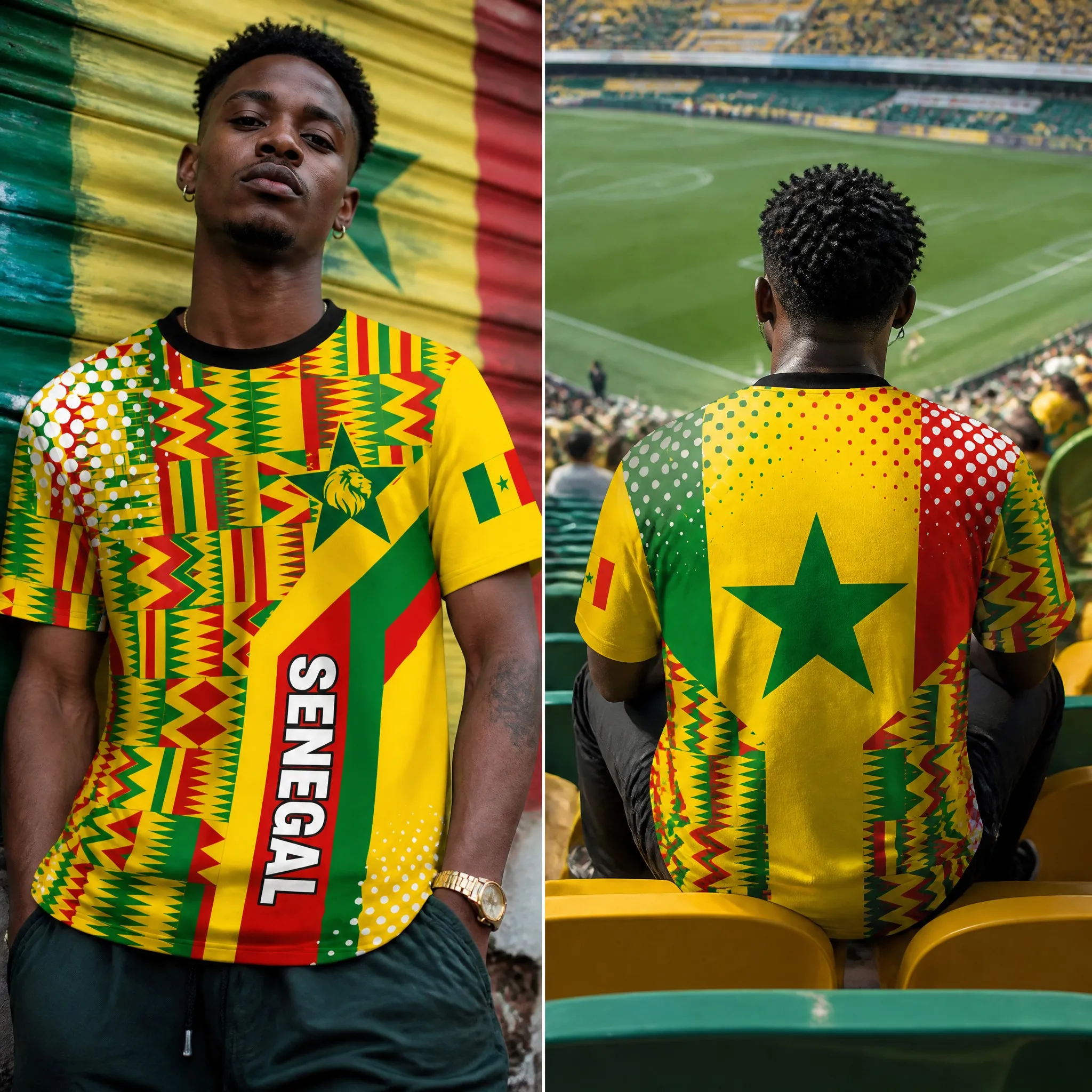 Senegal Mens Kente Print Graphic Tee National Flag Patch Shirt Short Sleeve Football Fan Top Street Stadium Style Casual Stylish