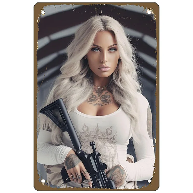 Tin Wall Art - Sleeveless Woman with Tattoos and Guns, Modern Iron Decor for Kitchen, Bedroom, Home Bar, Garage, Unique  Design