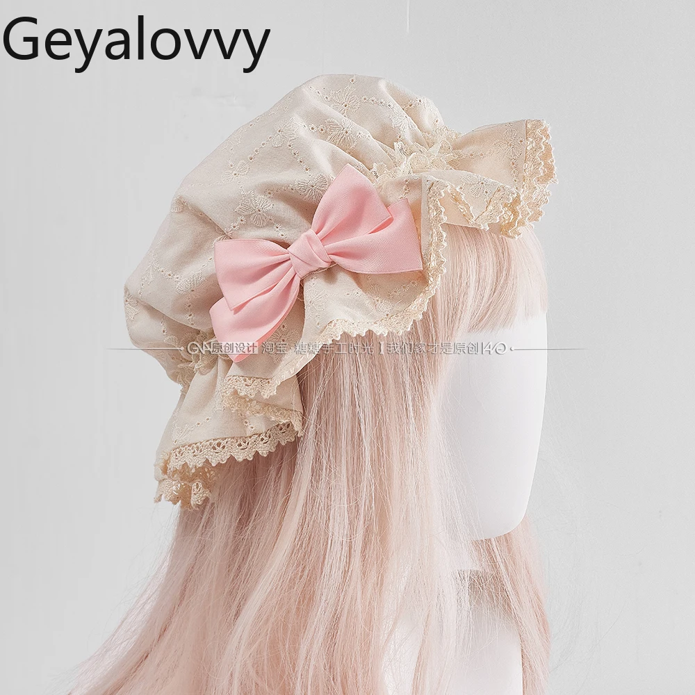 

Аксессуары для девочек, японская шляпа в стиле Лолиты BB, женские однотонные женские шапки с кружевной отделкой, головные уборы с рюшами, милая милая шапочка для сна