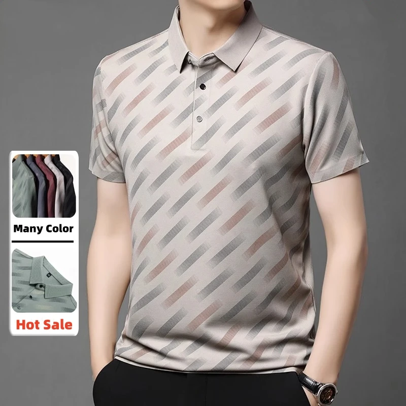 

Ice Silk Short Sleeve T-shirts Men's Summer New Casual Striped Print Polo Shirt Non Iron Anti Wrinkle Stylish Man Summer Clothes