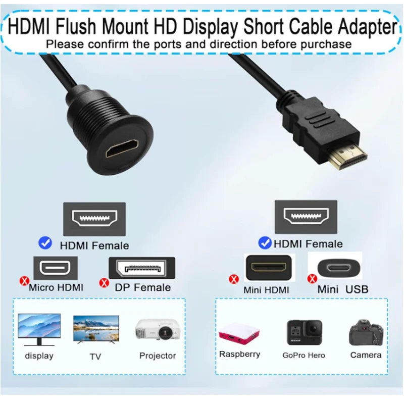 Threaded Fixed Panel Mount  Connector Extension Cable, 30cm/11.8in HDMI 1.4 Male to Female  Flush Mount 1080P
