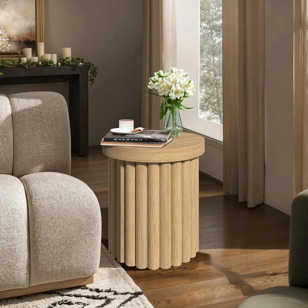 Wood Round Side Table, 19 Fluted Small End Table for Small Spaces, Mid Century Modern Wooden Accent Table