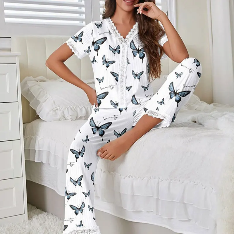 Lace Trim Women Pajama Set Short Sleeve Front Button Top & Full-Length Pants Cherry Print 2 Pieces Sleepwear Nightwear Homewear