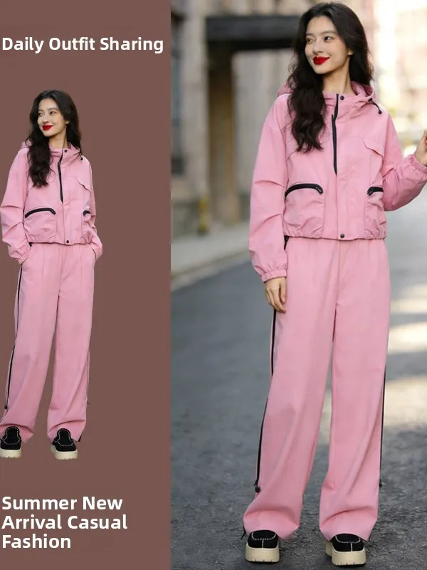 

Casual Sportswear Set Women's Spring 2026 Pink Workwear Jacket Wide Leg Pants Two Piece Set High Waist Long Pants Shirt