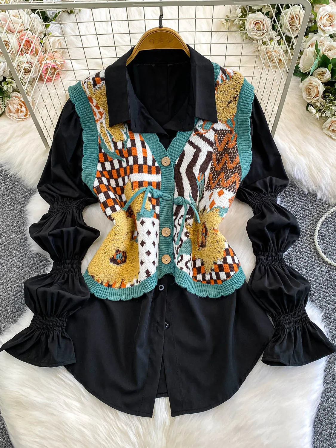 

Commute Versatile Lantern Sve irt Outerwear High End Retro Lamb Fur Embroidery Vest Two Piece Set French Sle Loose Fit