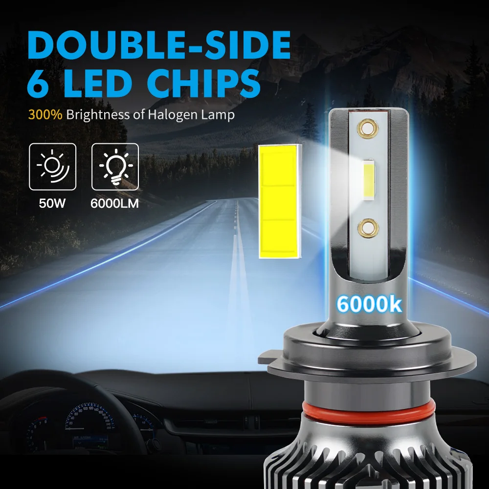 BEVINSEE H7 LED Headlight Bulb 9012 HIR2 LED Auto Lamp Bulb Mini Size 50W 6000LM Super Bright Car Light Turbofan 6000K 12V