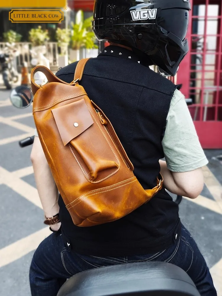 

Motorcycle Style Mens Cowhide Genuine Leather Crossbody Bag Large Capacity Strap Chest Bag Vintage Handmade Biker Shoulder Bags