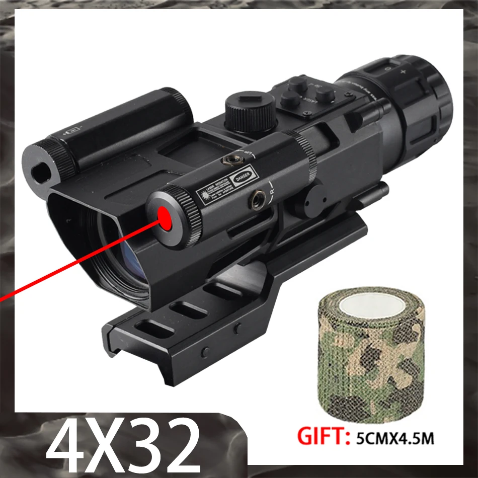 4X32 Optics Rifle Scope Red Laser Tactical Scope Hunting Shooting Airsoft Sight Crossbow Short Riflescope for 20mm Rail Mount