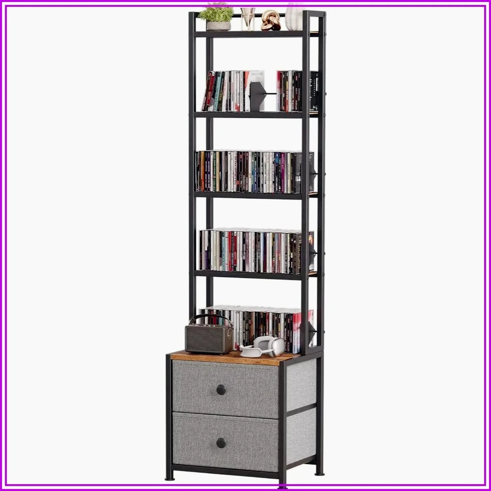 5-Tier CD DVD Storage Rack with Drawers, Adjustable Book Stoppers, Metal Frame, 15.7x11.8x56.5in