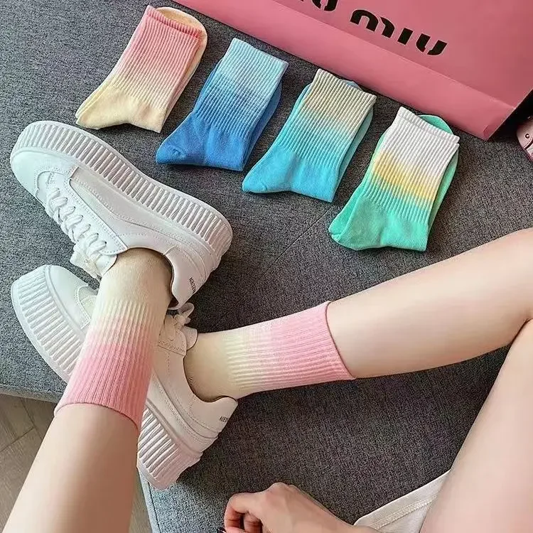 

4 PCS Color Tube Socks Thin Section Stockings Knitted Socks Blue Mid-Tube Cotton Socks For Women Male Couple Teenagers