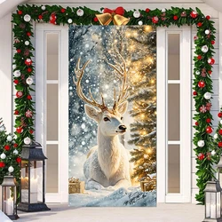 White Elk Snowy Scene Banner Polyester Merry Christmas Winter New Year Holiday Photo Booth Navidad  2025 Xmas Door Cover