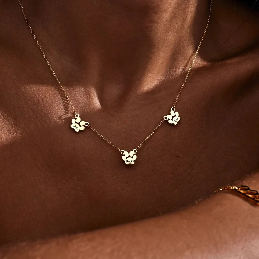 Personalized Dog Paw Print Name Necklace Custom Minimalist Pet Jewelry Engraved Paw Print Pendant Birthday Gift for Her