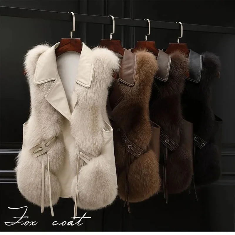 

Осень-зима, жилет из искусственного лисьего меха и травы, женская короткая куртка, модный костюм 2025, женский жилет без рукавов с воротником, пальто