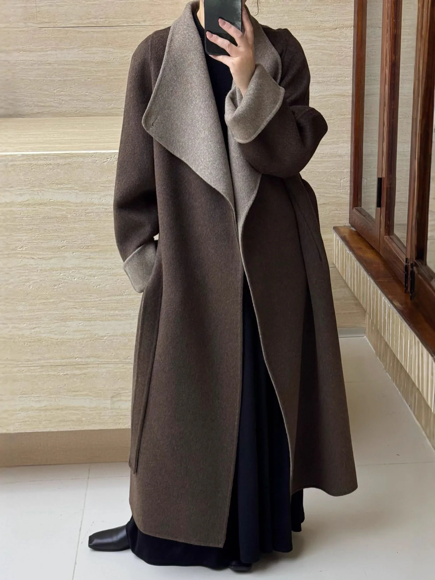High-end Double-sided Wool Coat Thicken Warm Women Long Length Loose Fit Woolen Overcoat Hand-made Lace-up Winter Outerwear