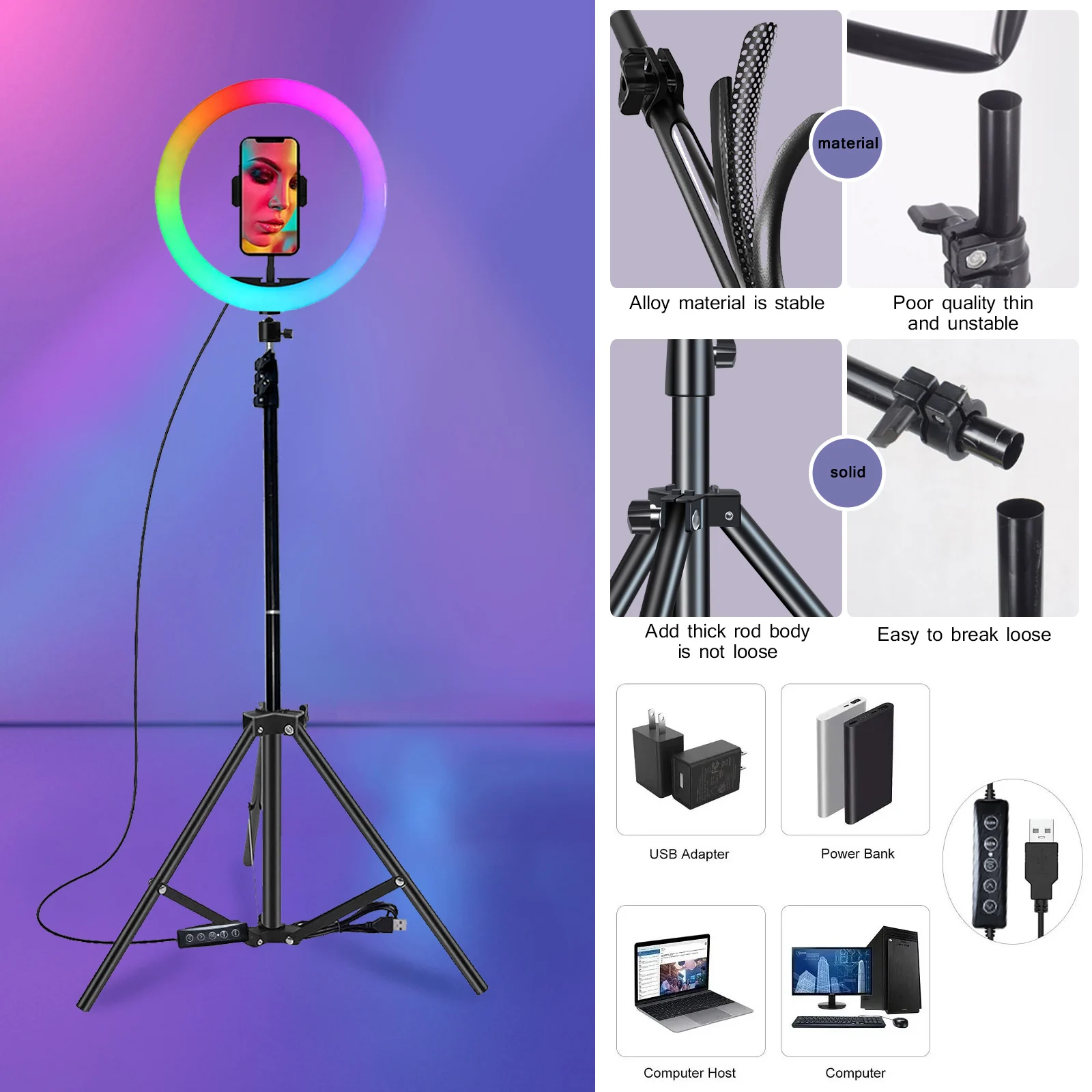 10in RGB Selfie Ring Light Tripod LED Fill Light Photography RingLight Phone Stand Holder Circle Lamp Trepied Streaming YouTobe