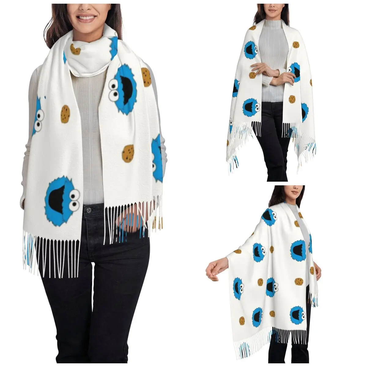 Womens Scarf with Tassel Sesame Street Cookie Monster Long Soft Warm Shawl Wrap Cartoon Anime Gifts Pashmina Scarves