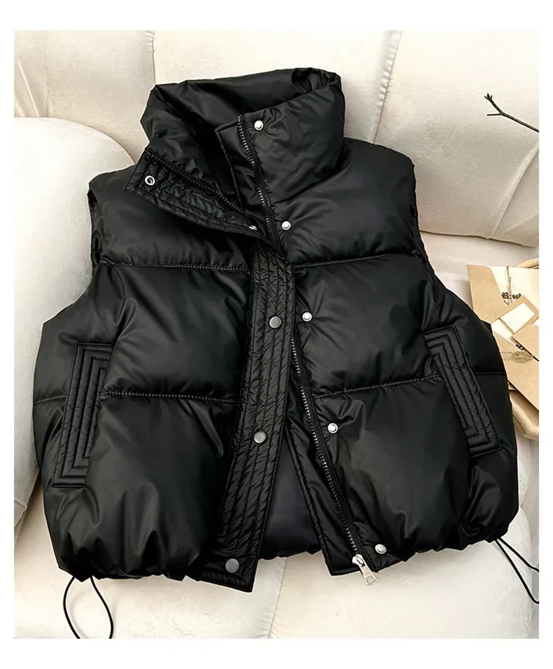 الخريف الشتاء الدافئة عادية الصلبة أكمام Waistoat المرأة سترة منتفخة وهمية الرقبة سترة أزرار حتى فضفاضة المرأة أسفل سترة #2