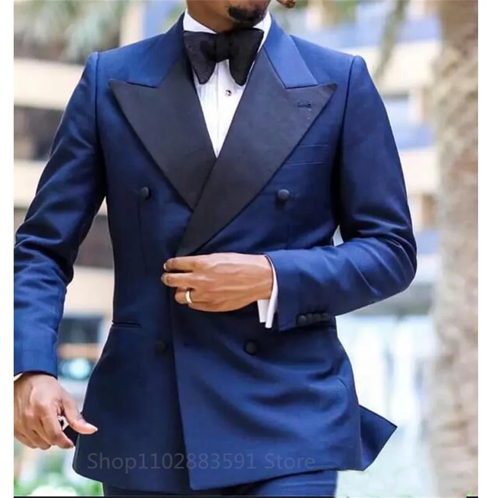 Two Pieces Navy Suit Men Italian Style Double Breasted Celebrity Mens Suits Slim Wedding Suit Tuxedo Formal Business Blazer Set