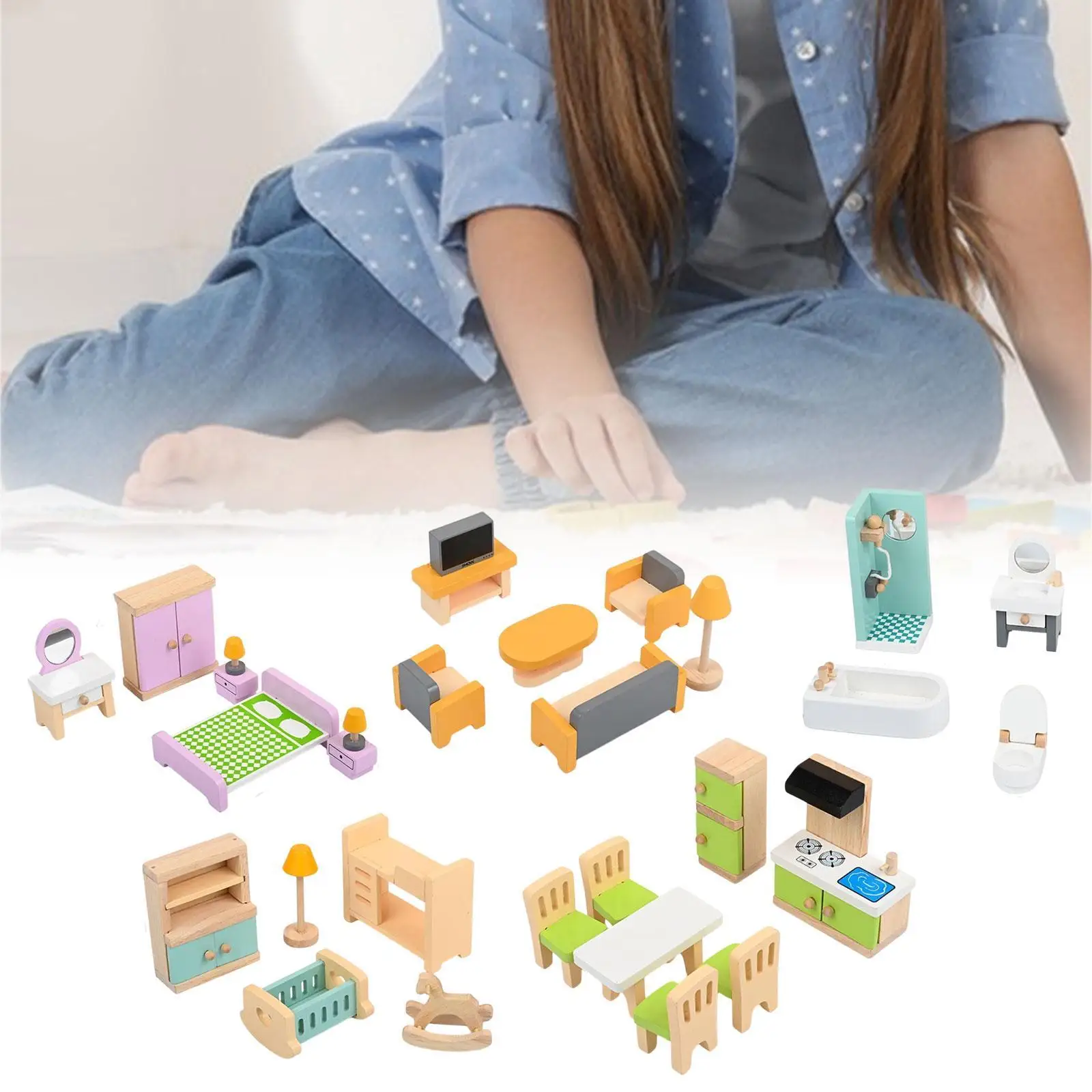 27 قطعة مجموعة أثاث بيت الدمى الخشبي محاكاة الأثاث الخشبي المصغر
