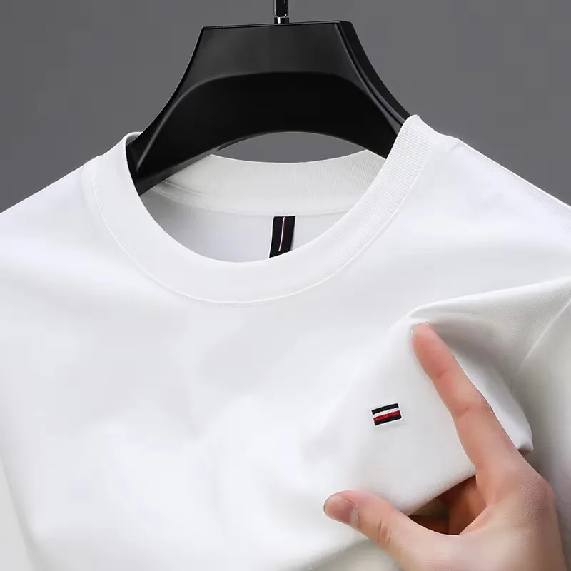 High end silk cotton long sleeve T-shirt men autumn fashion designer brand embroidery Korea version casual round neck sweatshirt