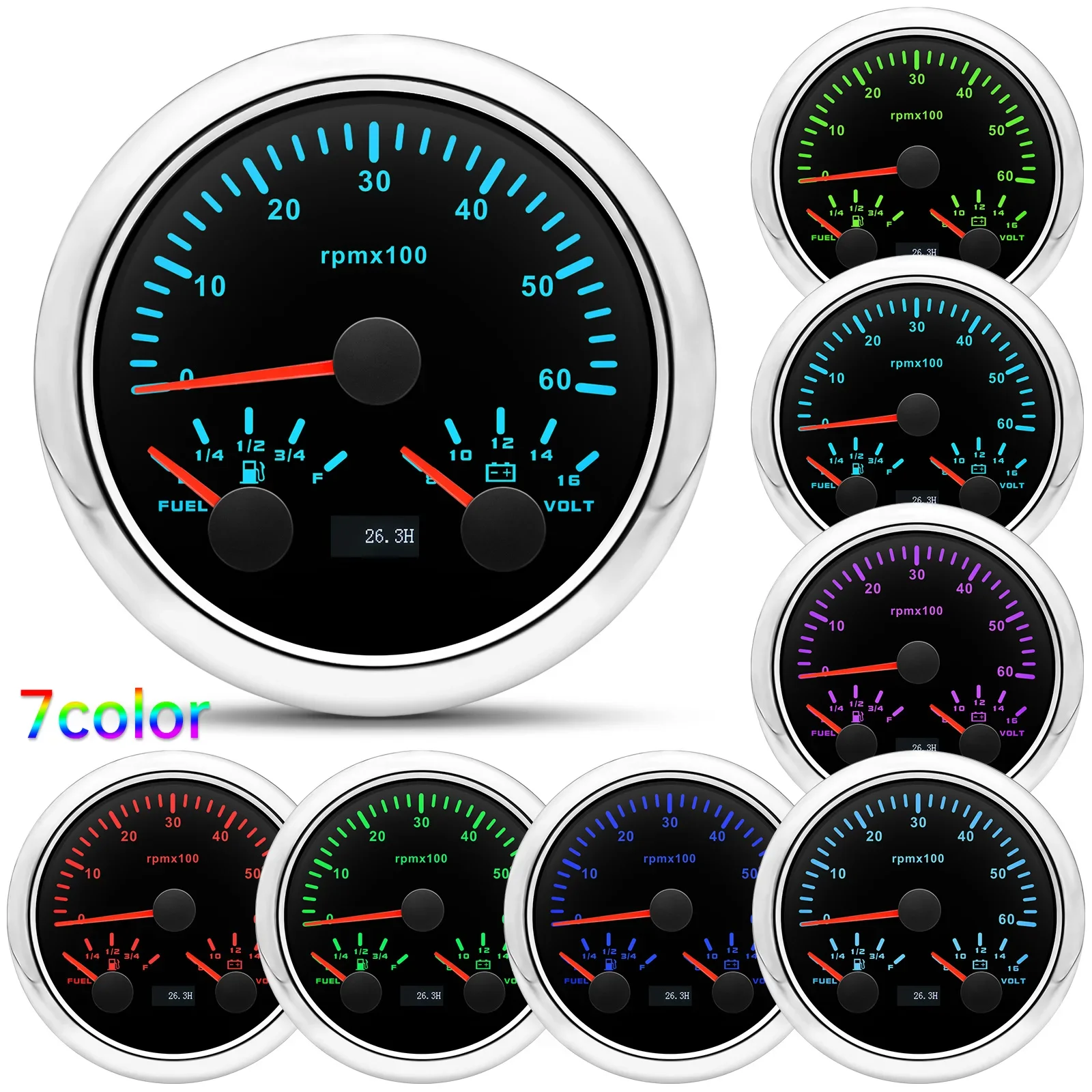 3 IN 1 Multifunctional Car Gauge 3000RPM-8000RPM Tachometer+Fuel Level Meter+Voltmeter with 7 Colors Backlight