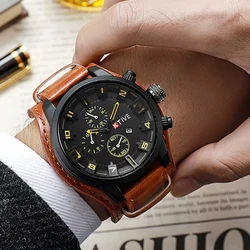 YIKAZE Luxury Business Men Quartz Watch Classic Retro Men's Watches  Big Dial Leather Strap Date Military Wristwatch for Man