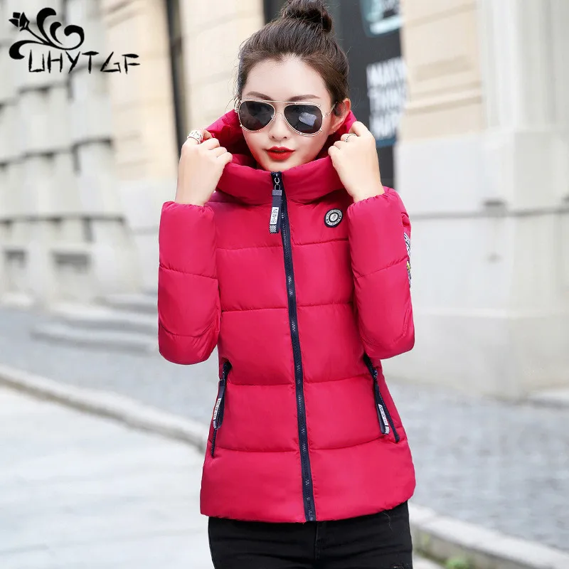 UHYTGF Winter Jackets For Women 2024 New Parkas Hooded Thick Warm Cotton Short Jacket Women's Basic Down Coat Outerwear 5XL 1058