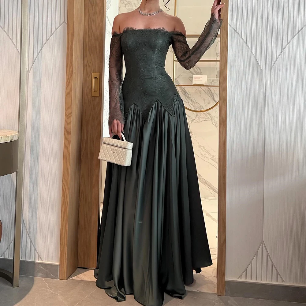 

Customized A-line Evening Dresses Floor-length Off The Shoulder Full Sleeve Prom Gown Fashion Lace Simple Draped Party Gown