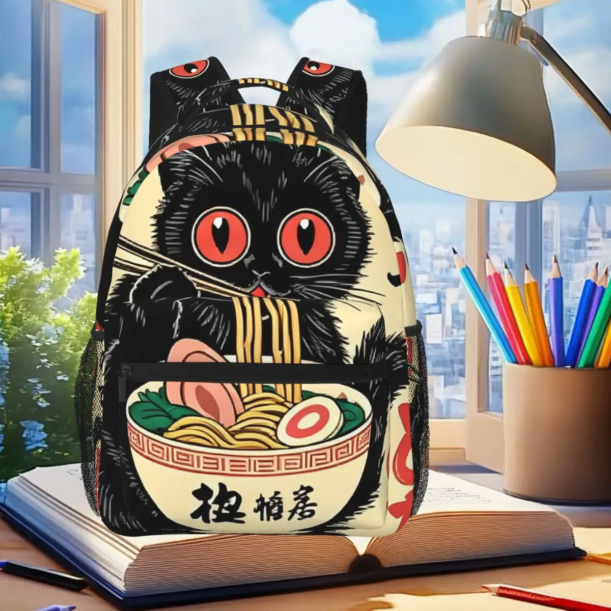 Vintage Japanese Black Cat Ramen Backpack Student Boys Girls BookBag Kids School Bag Computer Shoulder Bags for Men Women