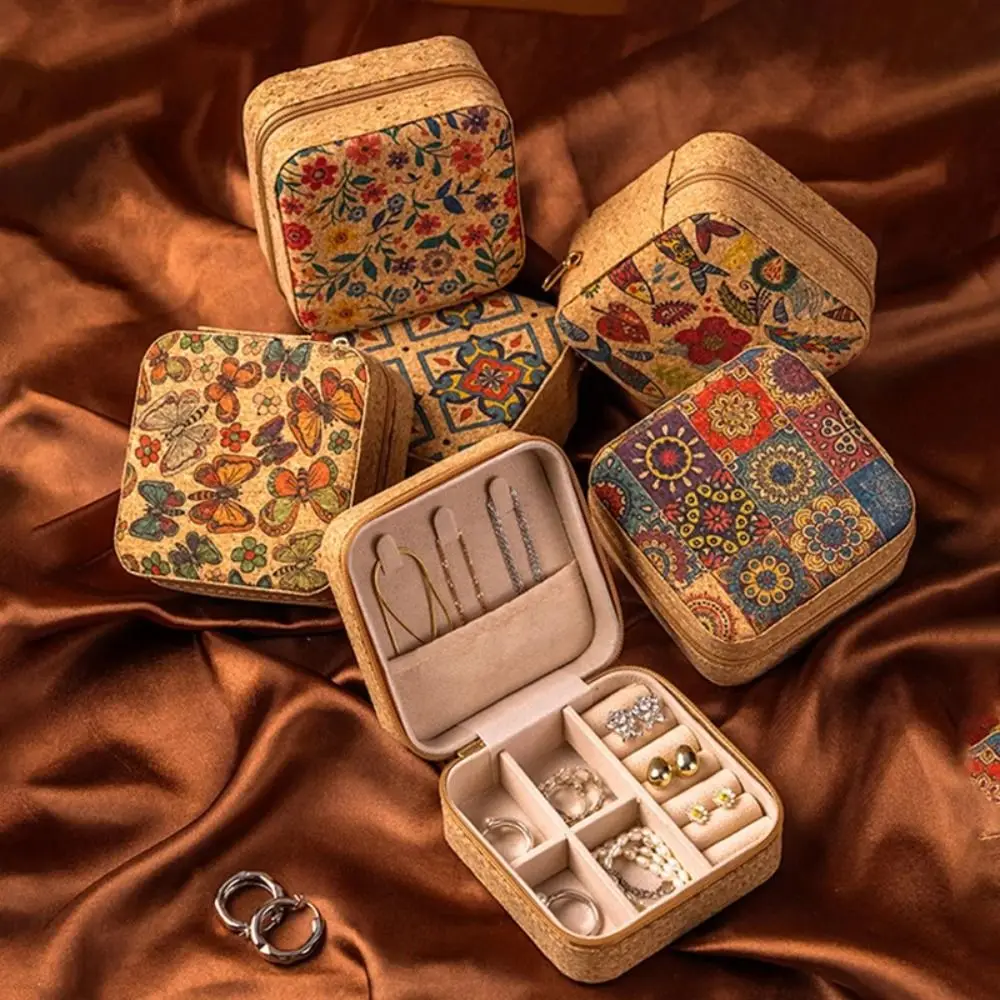 

Retro Portable Jewelry Storage Box Zipper Closure Mini Jewelry Organizer Layered Jewelry Box Ring Earrings