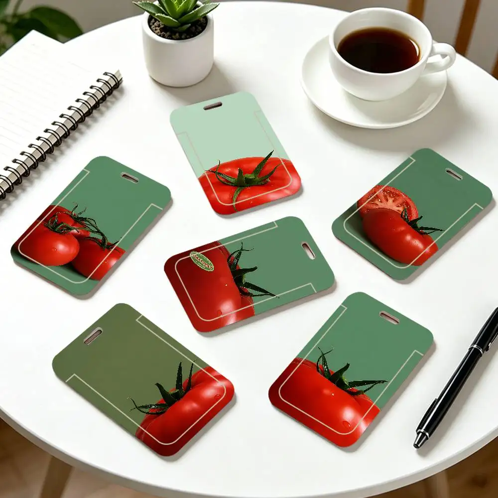 Small Niche Green Tomato Illustration ID Card Holder Badge Holder With Lanyard Slot Student Bus Card Cover Office Work Card Case