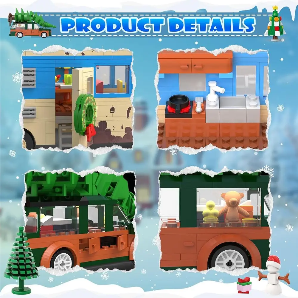 Kit di costruzione del villaggio di Natale 4 in 1: casa delle vacanze, camper, camioncino e garage (2056 pezzi) - Compatibile con LEGO