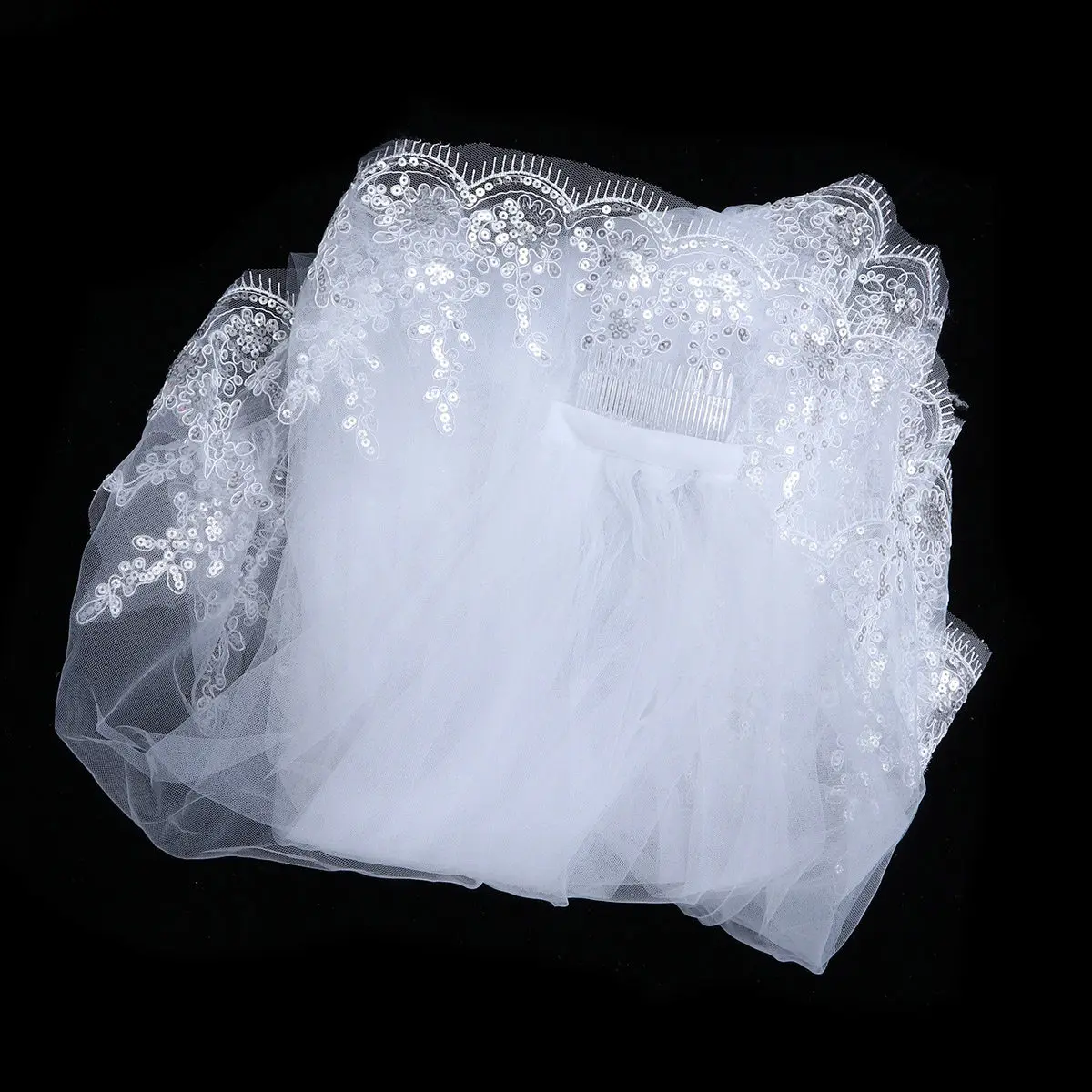 Bridal Wedding Veil Double Layer Sparkling Sequin Lace Comb Elegant Hair Accessory for Brides